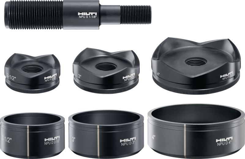 NPU Knockout sets (1/2 to 2”) or (2-1/2 to 4”) Knockout die, punch and draw stud sets for punching ½ - 4” diameter conduit holes in up to 10-gauge steel