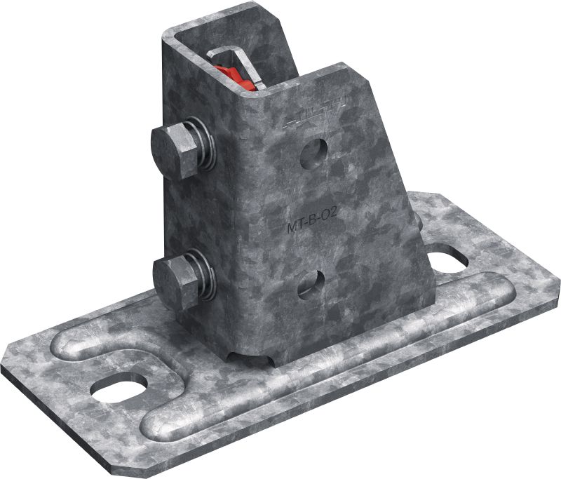 MT-B-O2 FL OC Pre-assembled baseplate Base connector with pre-assembled Fast-Lock nut and bolt for anchoring strut channel structures to concrete and steel, for outdoor use with low pollution